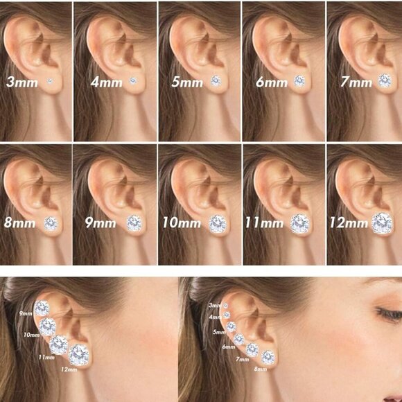 Gold and Silver 3-12mm Stainless Steel Cubic Zirconia Stud Earrings with Clear C - Picture 6 of 6